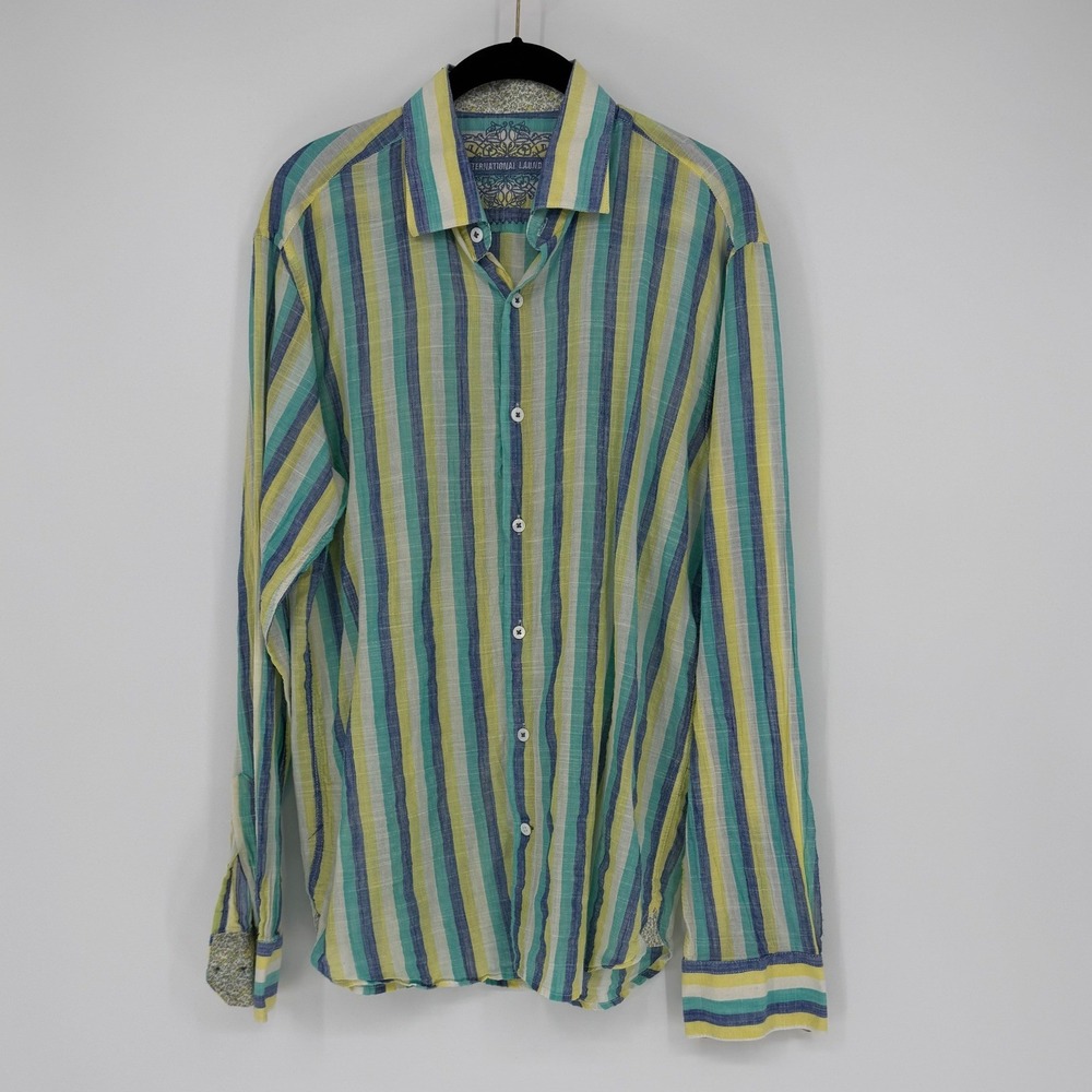 International Laundry Mens Large Striped Cotton Button Up Shirt Blue Yellow Teal